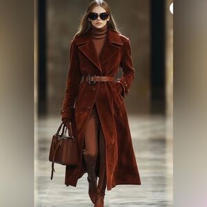 Women Casual Loose Vintage Angora Red Suede Pocket Lapel Extra Long Coat size xl